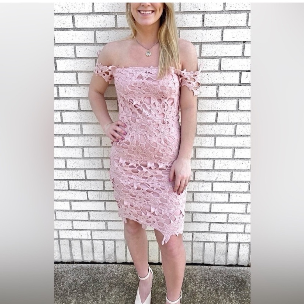 Off shoulder Blush & Dreamy lace midi boho dress w shabby chic vibe